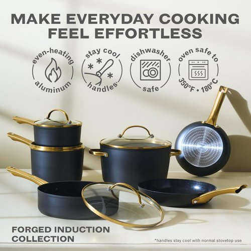 Farberware Forged Induction Ceramic Nonstick Cookware Set - 12 Piece Kitchen Essentials | Black & Gold, Dishwasher Safe