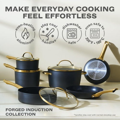 Farberware Forged Induction Ceramic Nonstick Cookware Set - 12 Piece Kitchen Essentials | Black & Gold, Dishwasher Safe