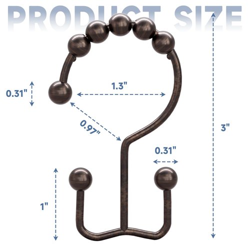 Titanker Shower Curtain Hooks Rings, Rust-Resistant Metal Double Glide Shower Hooks for Bathroom Shower Rods Curtains, Set of 12 Hooks - Bronze