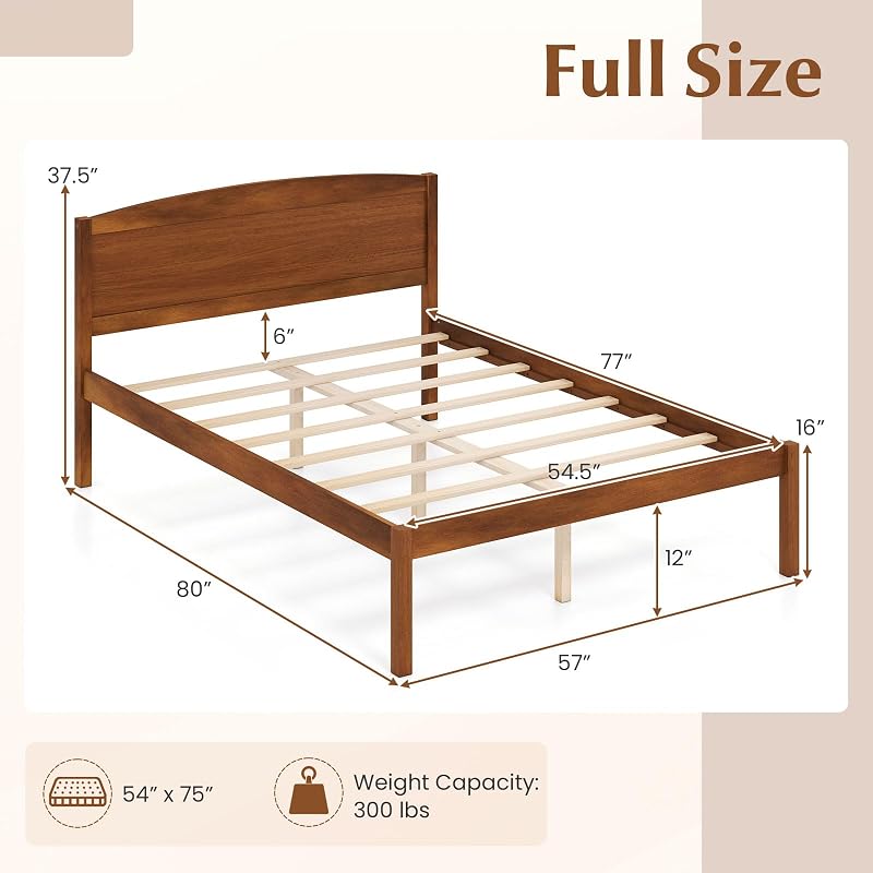Giantex Full Size Walnut Curved Headboard Bed Frame with Slat Support - 300 lb Capacity