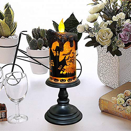 DRomance Halloween Flameless Candle Snow Globe Battery Operated with 6 Hour Timer, Yellow Light Bat Decal Water Tornado Lamp LED Candlestick Halloween Season Decor Gift 4 x 10 Inches