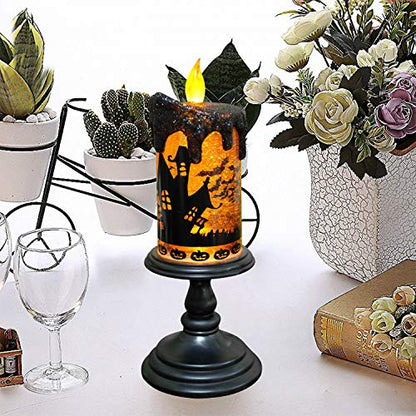 DRomance Halloween Flameless Candle Snow Globe Battery Operated with 6 Hour Timer, Yellow Light Bat Decal Water Tornado Lamp LED Candlestick Halloween Season Decor Gift 4 x 10 Inches