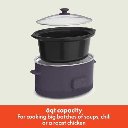 Bella 6.0 Qt Programmable Slow Cooker - Ceramic Nonstick, Adjustable Temp & Cooking Times | Dishwasher Safe, Plum