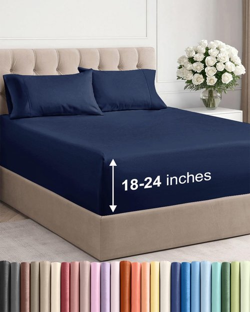 Extra Deep Twin Sheet Set - 4 Piece Breathable and Cooling Sheets - Hotel Luxury Bedding for Women, Men, Kids & Teens - Easy Secure Fit - Soft, Wrinkle Free and Comfy - Extra Deep Pockets - Navy Blue