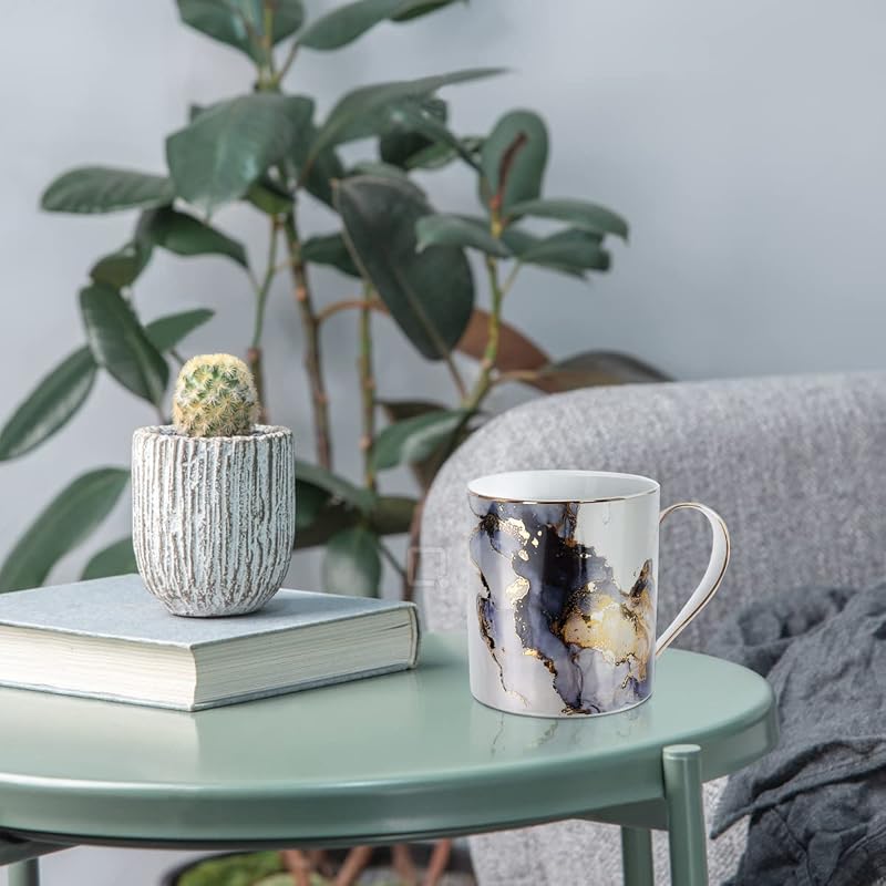 Marble Gold 14 oz Ceramic Coffee Mug - Gift Gift for Women, Black & Gold Marble