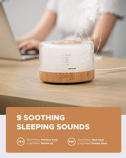 muson Essential Oil Diffuser Sound Machine Combo Diffuser for Aromatherapy Fragrant Oil Cool Mist Humidifier with Natural Sound Music & Warm Night Light, Auto Shutoff, White