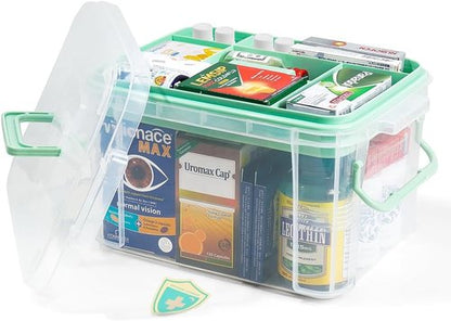 Hey Foly 15qt Clear Medicine Organizer - Thickened Plastic First Aid Box with Tray & Labels