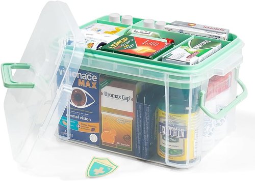 Hey Foly 15qt Clear Medicine Organizer - Thickened Plastic First Aid Box with Tray & Labels