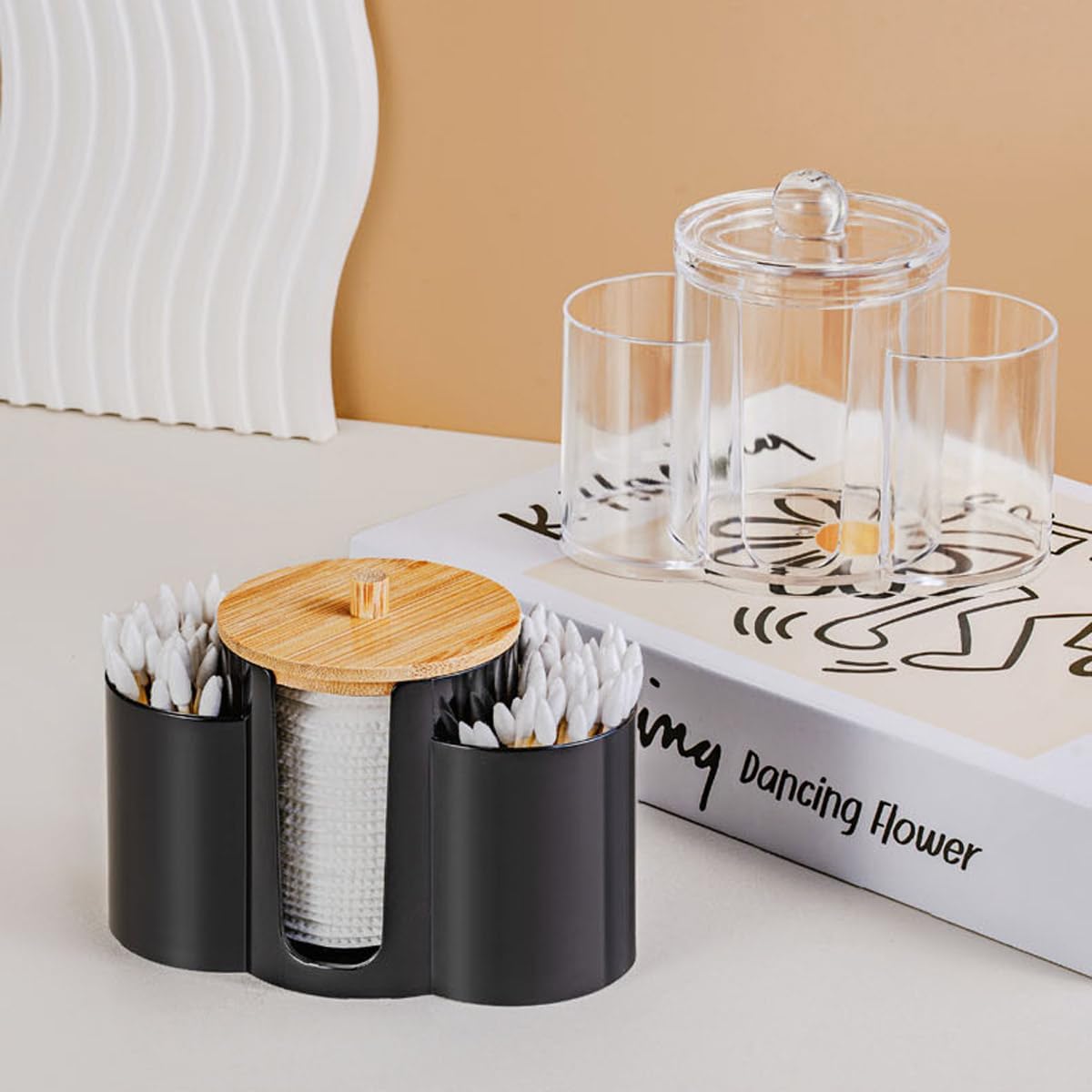 Q-Tip Holder by [Brand Name] - 3-in-1 Premium Bathroom Organizer with Dustproof Lid | Black Canister for Cotton Swabs, Balls, and Pads