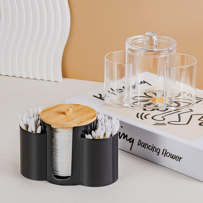 Q-Tip Holder by [Brand Name] - 3-in-1 Premium Bathroom Organizer with Dustproof Lid | Black Canister for Cotton Swabs, Balls, and Pads