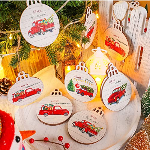 Retro 12 Pack Christmas Red Truck Wooden Tree Ornaments - Buffalo Plaid