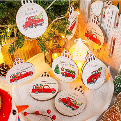 Retro 12 Pack Christmas Red Truck Wooden Tree Ornaments - Buffalo Plaid