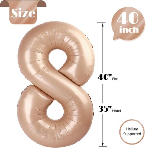 Light Brown 40-Inch Number 8 Balloon | Beige Birthday Decorations for Boys & Girls
