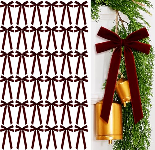 Burgundy Velvet Christmas Bow Set - 36 Pack, 5.1 x 10.2 Inches