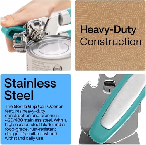 GORILLA GRIP Heavy Duty Can Opener - Stainless Steel with Comfortable Handle & Oversized Knob | Turquoise