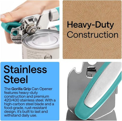 GORILLA GRIP Heavy Duty Can Opener - Stainless Steel with Comfortable Handle & Oversized Knob | Turquoise