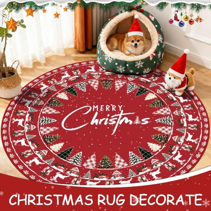 Christmas Round Area Rug 5ft Non-Slip Xmas Tree Carpet - Reindeer Red Variation