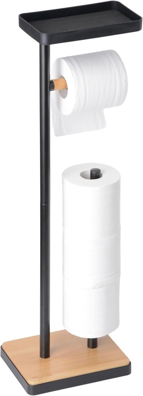 Clasin Home Toilet Paper Holder Stand - Free Standing Design with Storage & Top Shelf - Black Bamboo Finish