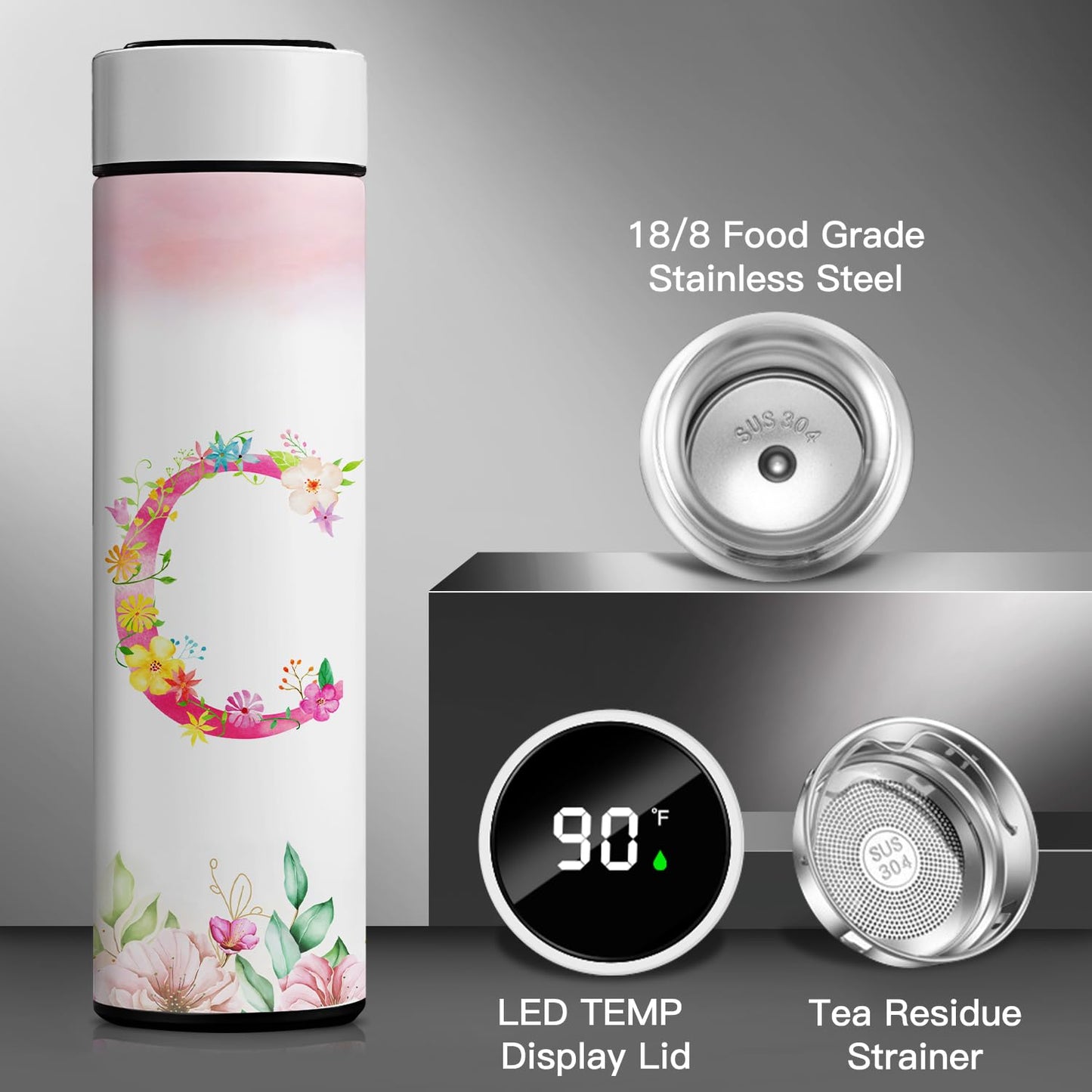 Personalized 16oz Initial Water Bottle,Smart Sport Water Bottle with LED Temperature Display,Customized Letter Coffee Thermos,Travel Coffee Mug (C)