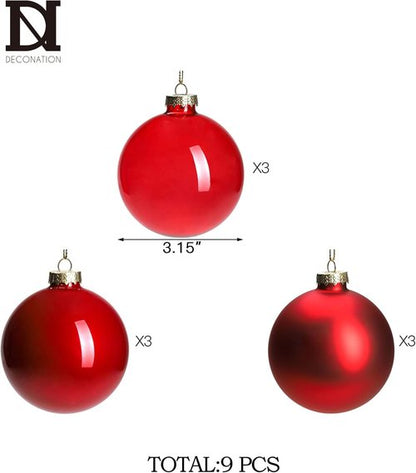DN DECONATION Red Glass Christmas Ornaments - Set of 9 Hanging Baubles for Tree Decoration | 3.15" Size