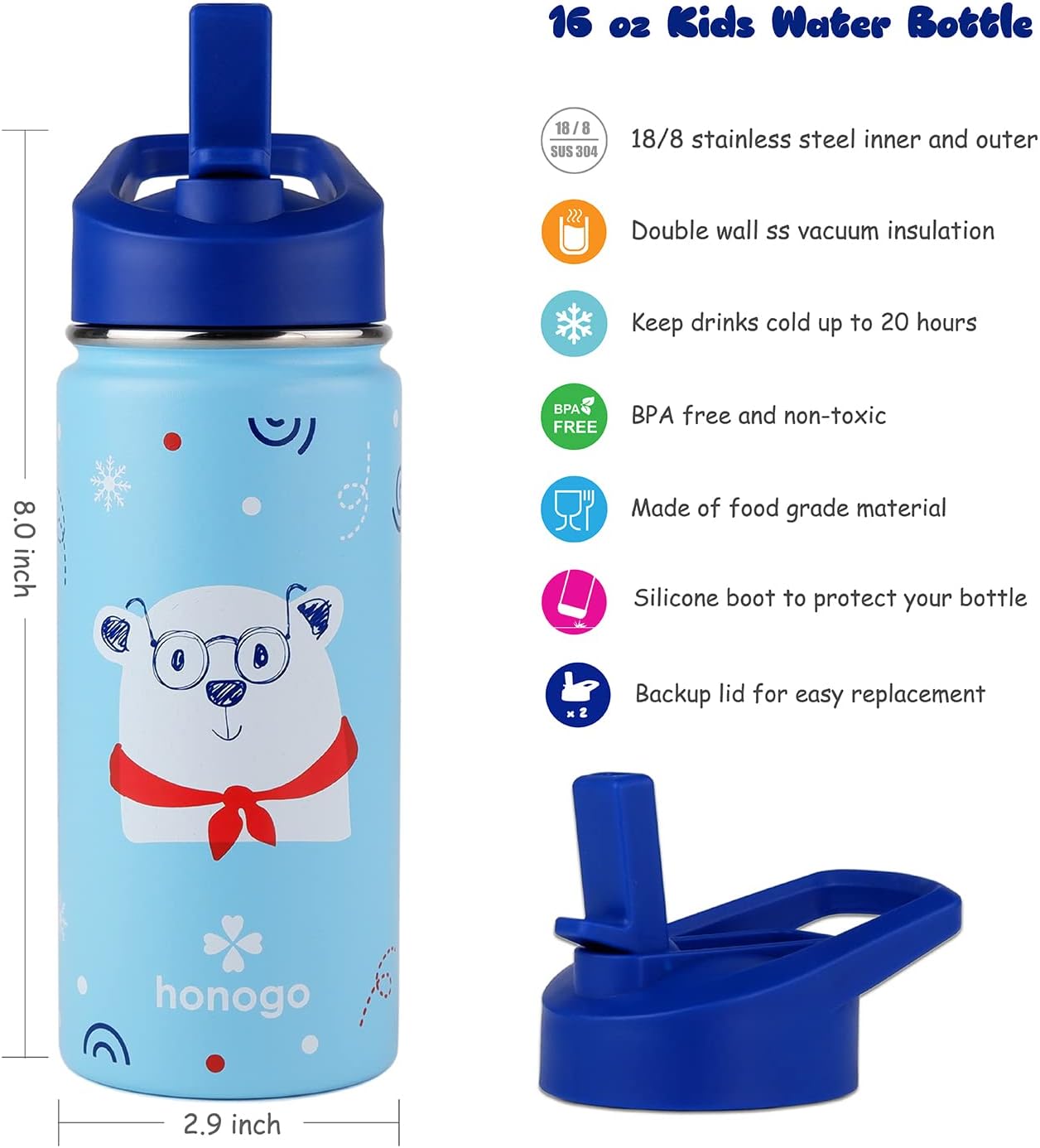 Skiennix 16 oz Stainless Steel Insulated Kids Water Bottle - Leak Proof Thermal Flask with Straw Lid | Cute Blue Bear Design for School