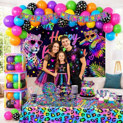 Rainbow Cheetah Birthday Decorations Set with Backdrop, Balloons, Cake Toppers