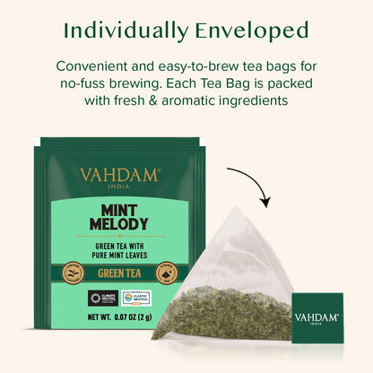 VAHDAM, Mint Green Tea Bags (30 Count) 100% Pure Leaf Tea, High Grown, Low Caffeine, Non GMO, Gluten Free | Individually Wrapped Plant-Based Pyramid Tea Bags | Direct from Source