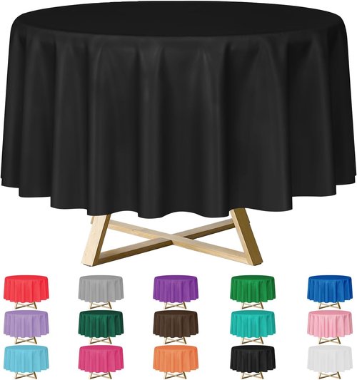 Black 84-Inch Round Disposable Plastic Tablecloths - 12 Pack for Parties & Events