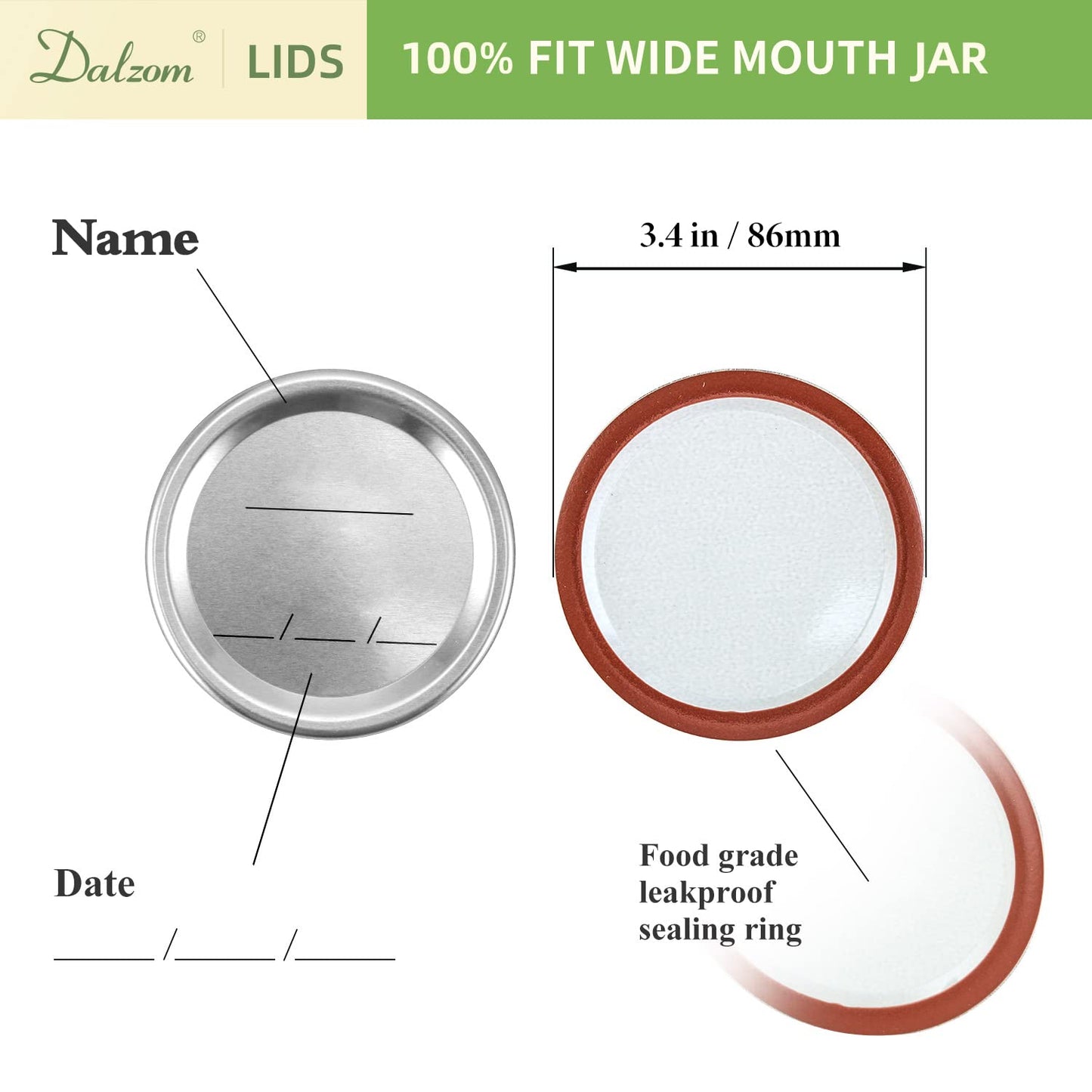 Dalzom® 72Pcs Canning Lids Wide Mouth, Premium Mason Jar Lids for Wide Mouth Ball, Kerr Jars - Food Grade Material, 100% Fit & Airtight for Wide Mouth Mason Jars