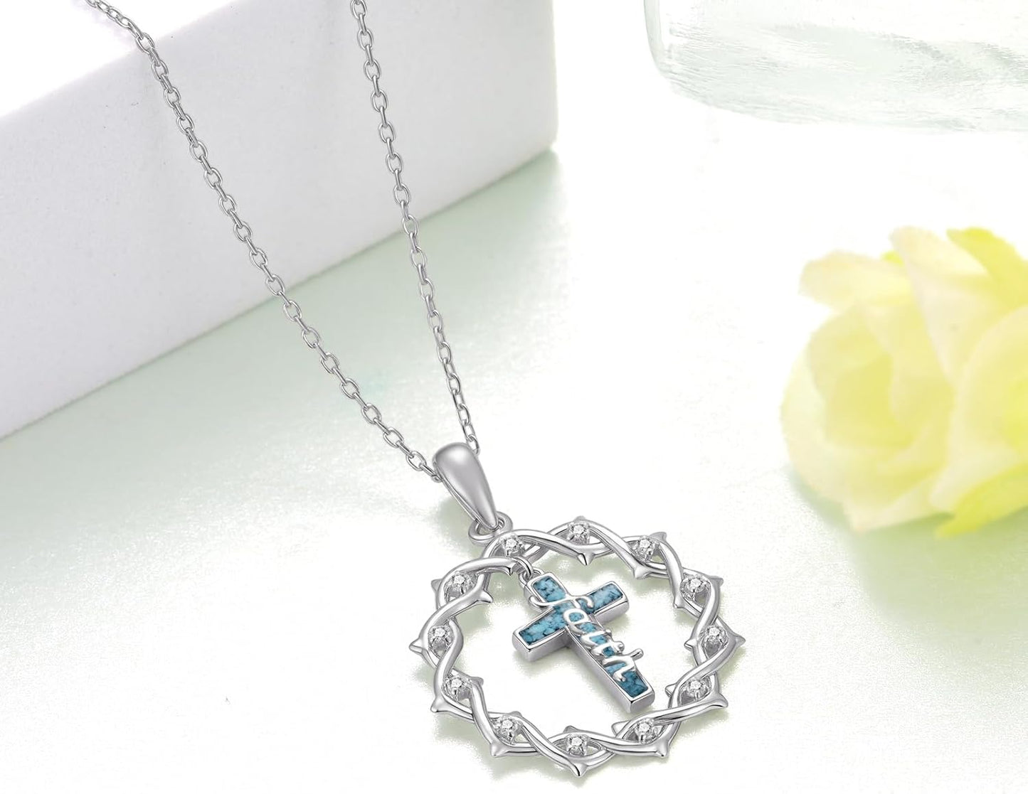 Regine Switzerland 925 Sterling Silver Cross Necklace - Turquoise Crown of Thorns Pendant for Women