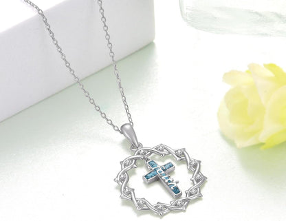 Regine Switzerland 925 Sterling Silver Cross Necklace - Turquoise Crown of Thorns Pendant for Women