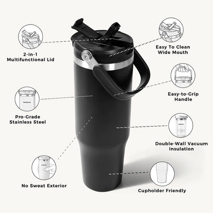 Skiennix 40 Oz Insulated Stainless Steel Water Bottle - 2-in-1 Straw & Spout Lid, Leak-Proof, Black