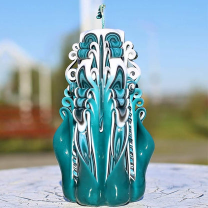 Hand Carved Green Candles 6.7'' | Decorative Teal & Black Layered Candle