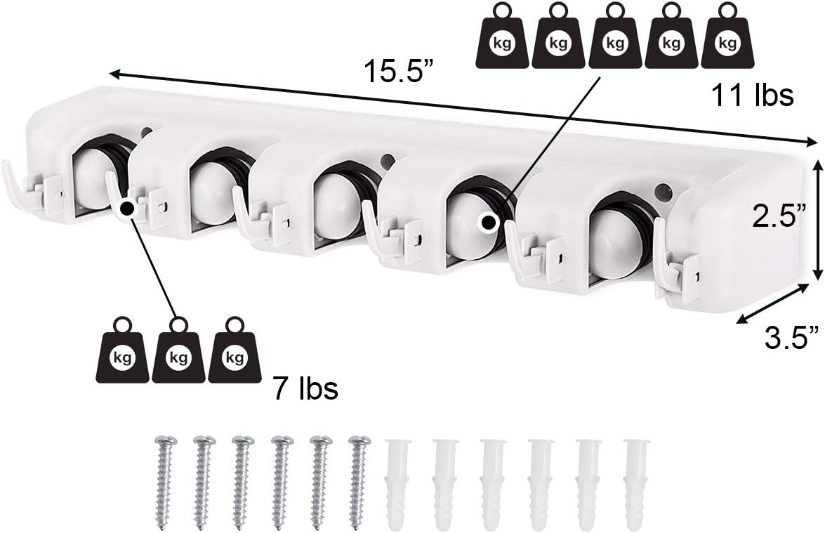 Tangkula Wall Mount Broom Holder - 5 Slot Organizer with 6 Hooks for Home, Garage & Kitchen (White)