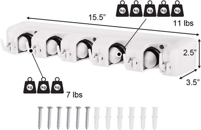 Tangkula Wall Mount Broom Holder - 5 Slot Organizer with 6 Hooks for Home, Garage & Kitchen (White)