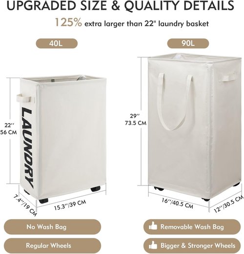 DOKEHOM X-Large 90L Laundry Basket - Collapsible Rolling Hamper with Removable Wash Bag | Beige