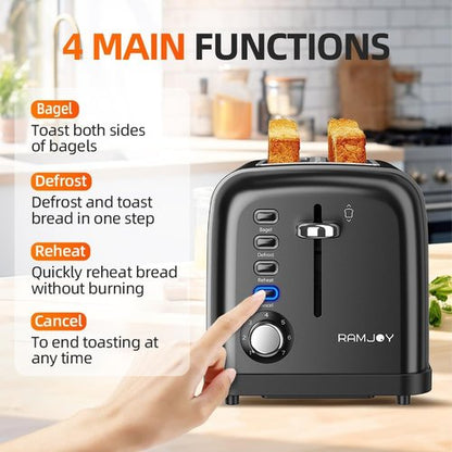 Black Stainless Steel 2-Slice Toaster - Extra Wide Slots for Bagels & Bread, 7 Shade Settings