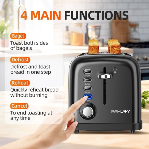 Black Stainless Steel Toaster - 2 Slice Extra Wide Slot for Bagels & Bread | 7 Shade Settings & Removable Crumb Tray