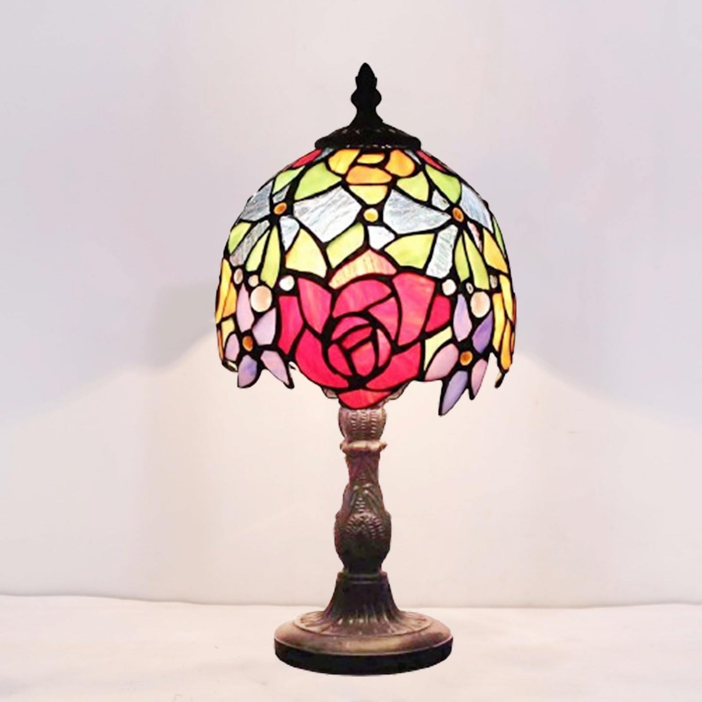 Vesbiela Stained Glass Lamp 8'', Red Flower Tiffany Table Lamp for Bedroom Study Office Home Tiffany Style Table Lamp