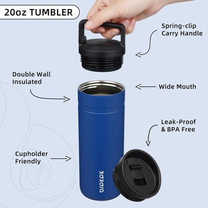 BJPKPK Insulated Water Bottle - 20 oz Double Wall Stainless Steel Tumbler with 2 Lids | Sapphire Blue