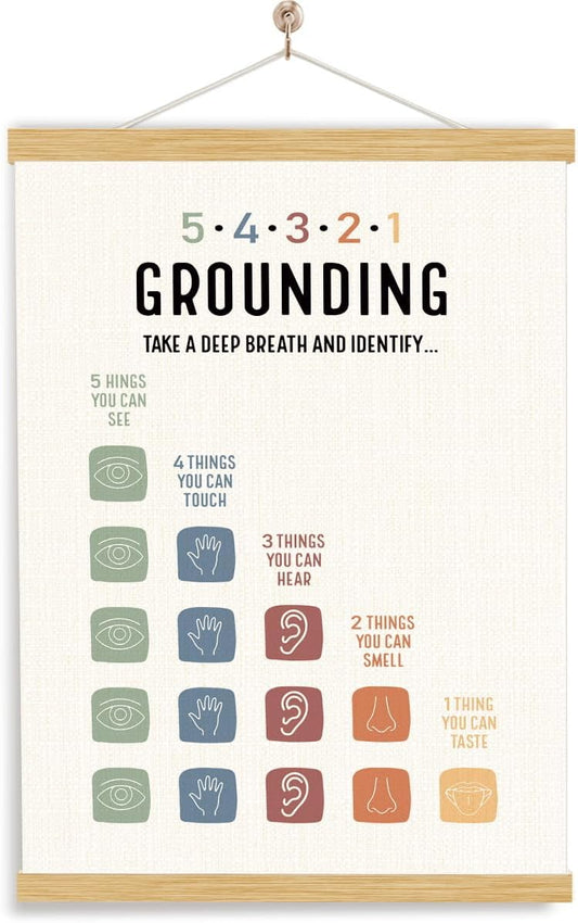 YGSDZY Grounding Technique Exercise Poster - Therapy Office Decor & Classroom Wall Art | Wood Hanger