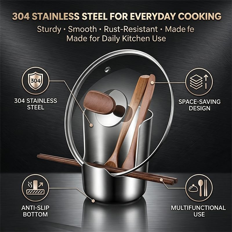 Stainless Steel Spoon Rest with Pot Lid Holder - 1 Piece Kitchen Organizer