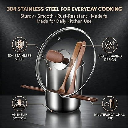 Stainless Steel Spoon Rest with Pot Lid Holder - 1 Piece Kitchen Organizer