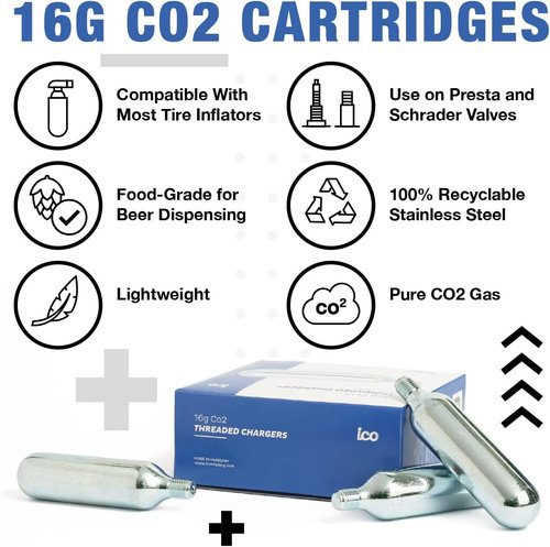 ICO 16g Co2 Cartridges (30 pack), Handheld, Alloy Steel, Food Grade, 100 psi, Automatic, Leak Proof, Two-year Guarantee, Ideal for Bike Tires & Beverage Devices
