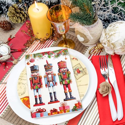 Red Disposable Christmas Guest Napkins - Nutcracker & Pine Branch Design, 50 Pack