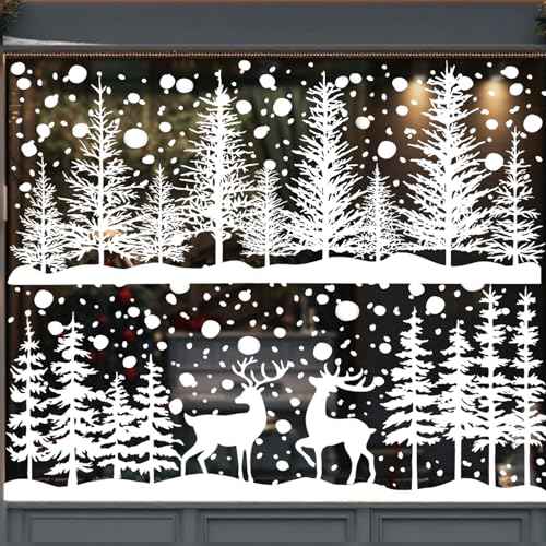 DIYDEC 8 Sheets Christmas Window Clings Snowy Christmas Forest Trees Window Decals Double-Sided Winter Window Stickers Decorations for Xmas Holiday Home Party Glass