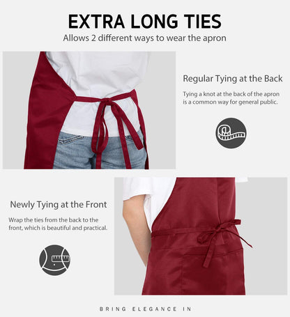 Syntus 2 Pack Adjustable Bib Apron Waterdrop Resistant with 2 Pockets Cooking Kitchen Aprons for BBQ Drawing, Women Men Chef, Dark Red