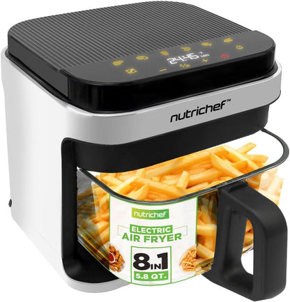 Nutrichef 5.8 Quart Air Fryer - 8-in-1 Cooking Modes | Transparent Fry Bowl for Perfect Results | White