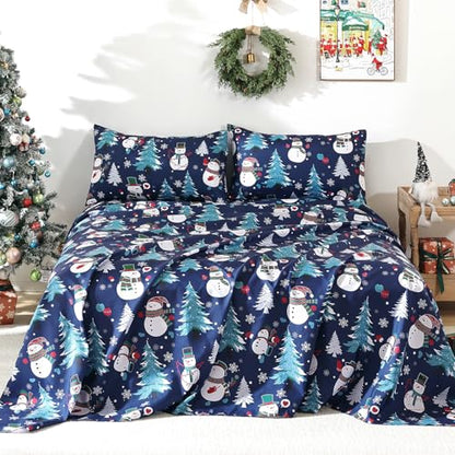 Queen Size Blue Christmas Sheet Set with Snowman Design - 4 Pieces