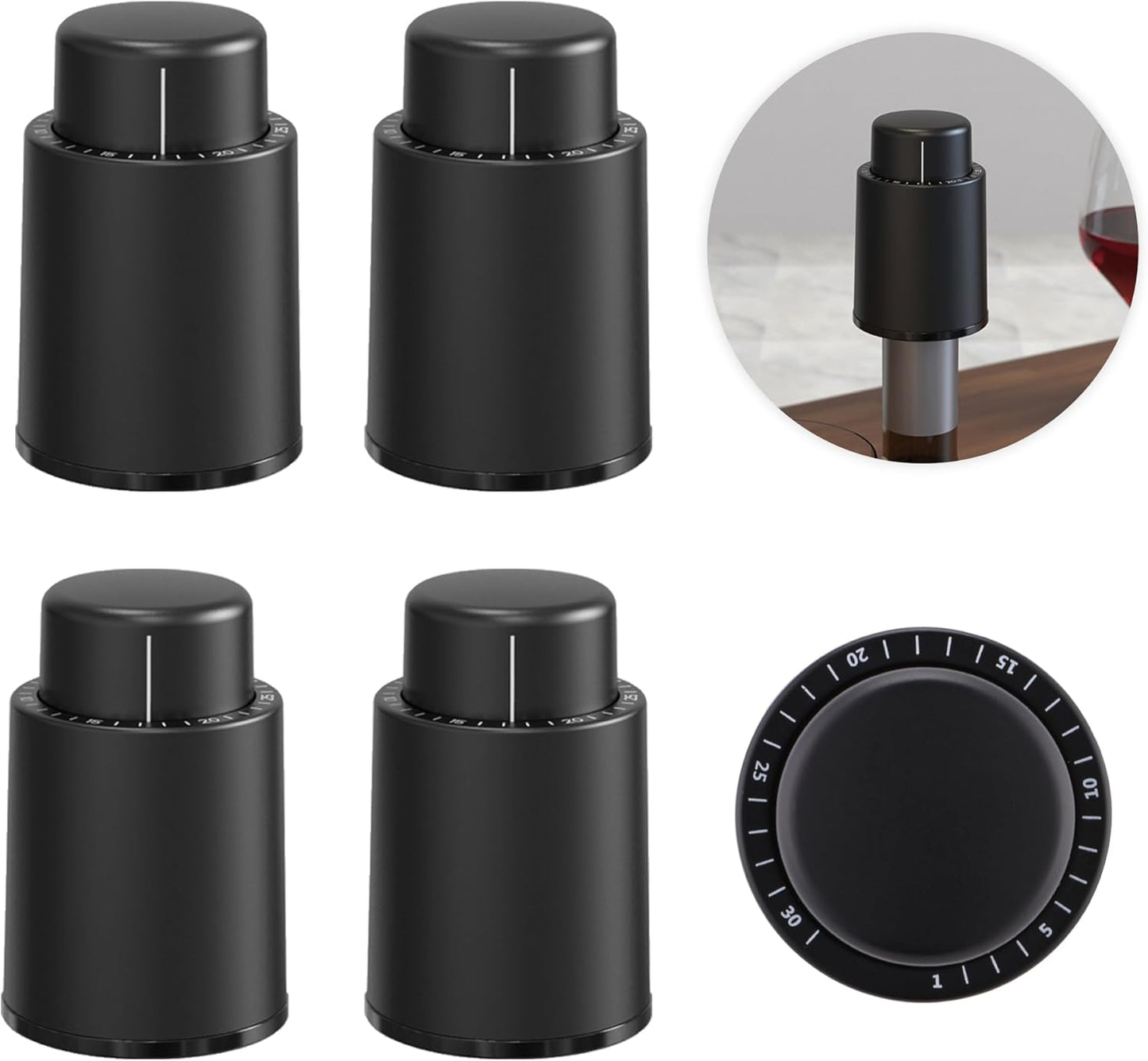 [4 Pack] Vacuum Wine Bottle Stopper Wine Cork Air Pump Wine Stopper Saver Sealer, Reusable Leak Proof Silicone Seal Keep Fresh with Date Scale for All Bottles, Bouchon Bouteille de Vin